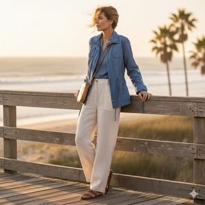 Cabi Women's Blue Striped Utility Jacket Full Zip Drawstring Waist Size M